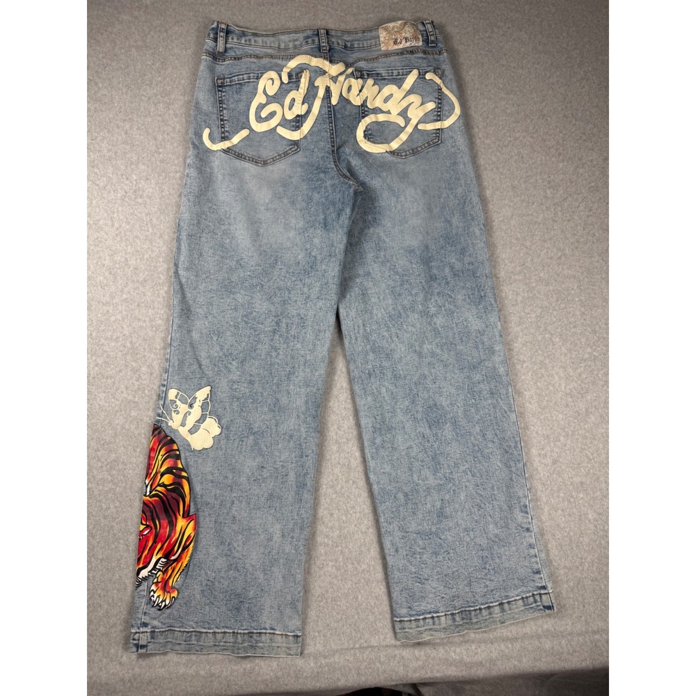 Ed Hardy Denim Jeans 32 Wide Leg Baggy Tiger Tattoo Graphic Y2K Light Wash